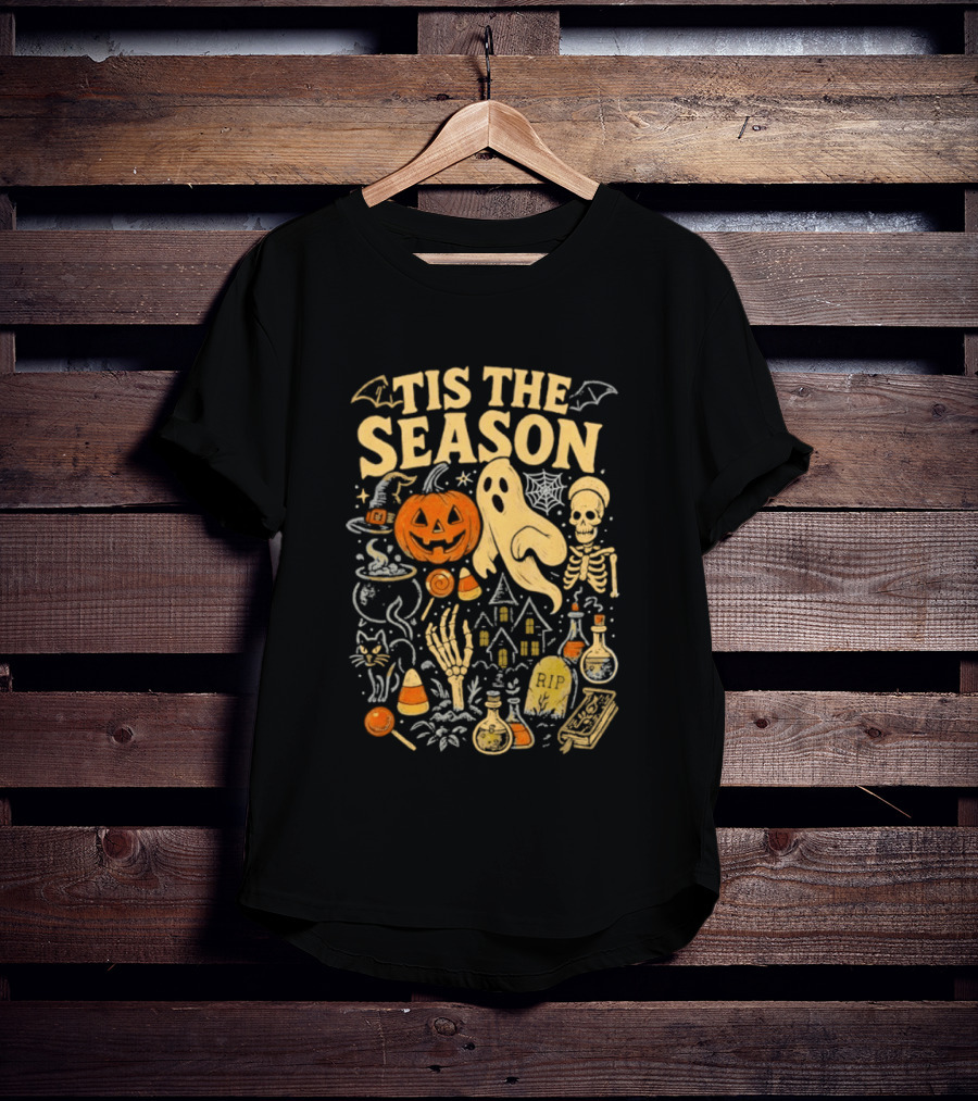 Tis The Season Halloween Pumpkin Ghost Skeleton Bats Candy T-Shirt