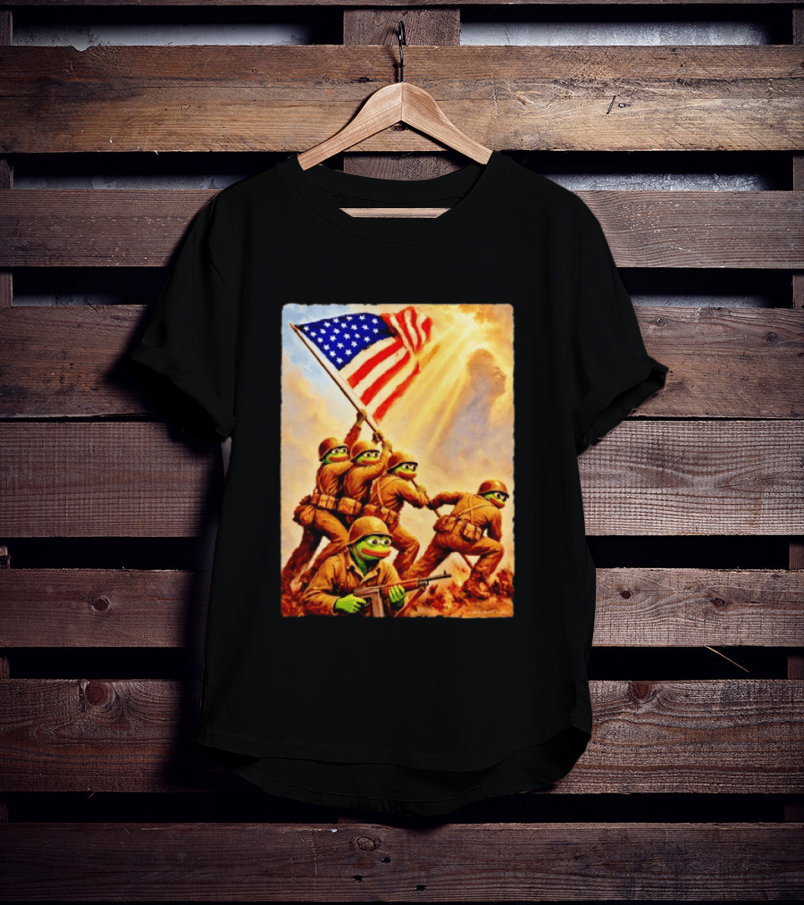 Pepe The Frog American Flag Soldiers Together We Win WWII Iwo Jima Memorial T-Shirt