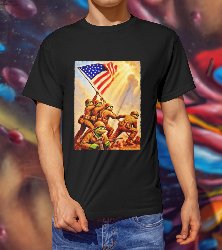 Pepe The Frog American Flag Soldiers Together We Win WWII Iwo Jima Memorial T-Shirt