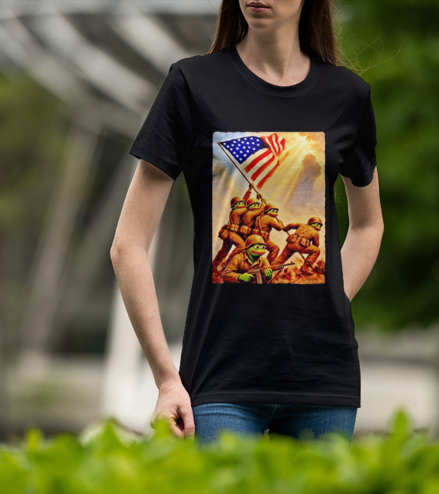 Pepe The Frog American Flag Soldiers Together We Win WWII Iwo Jima Memorial T-Shirt