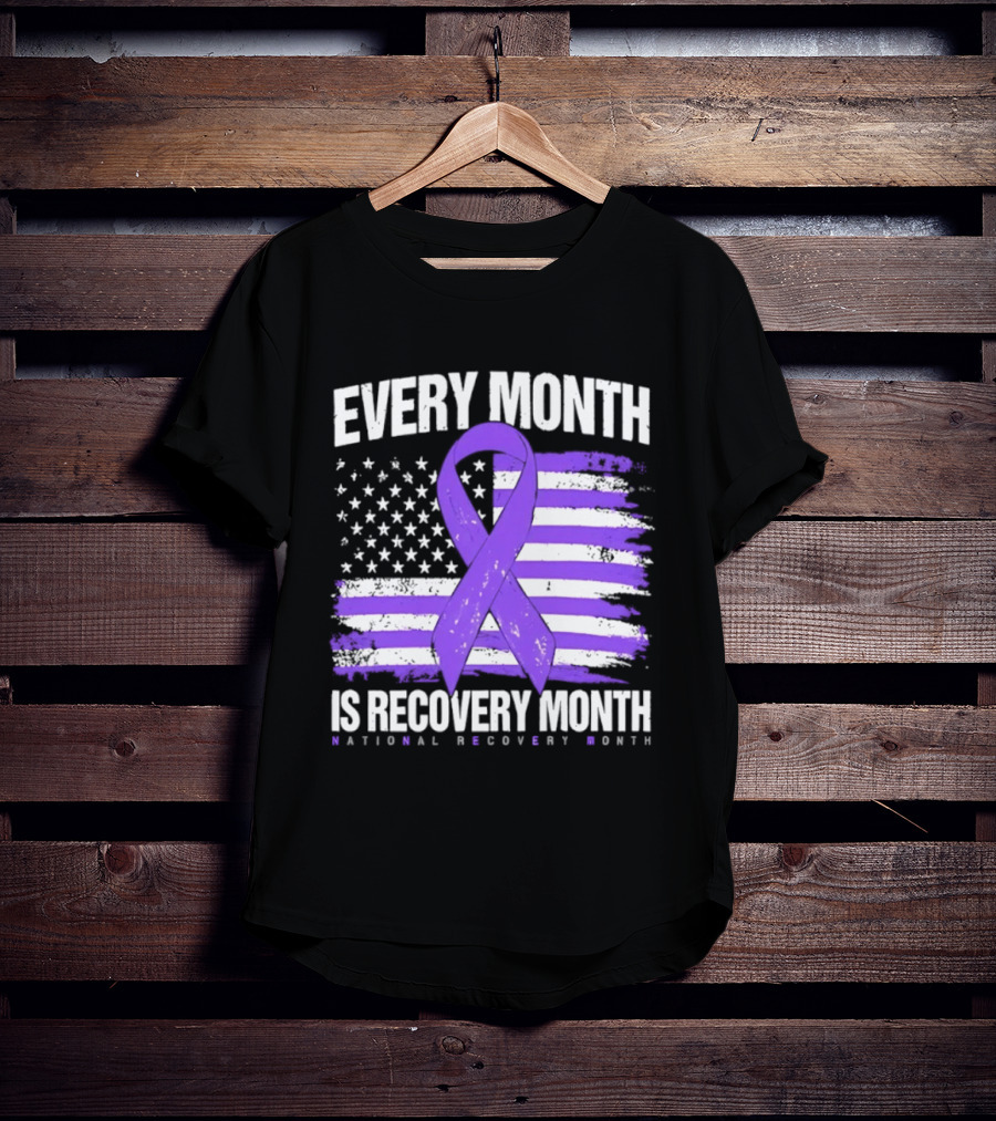 Every Month Is Recovery Month Purple Ribbon American Flag National Recovery Month T-Shirt