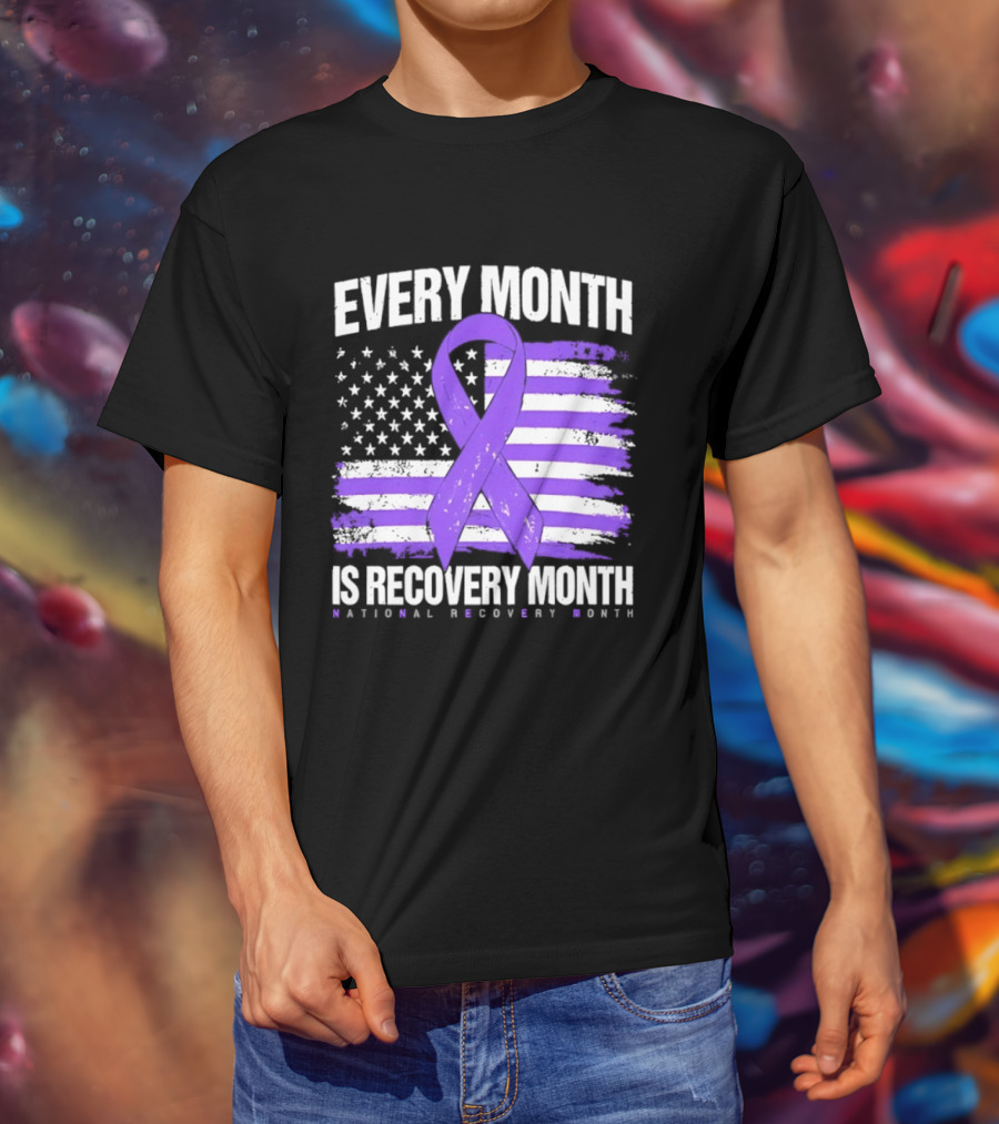 Every Month Is Recovery Month Purple Ribbon American Flag National Recovery Month T-Shirt