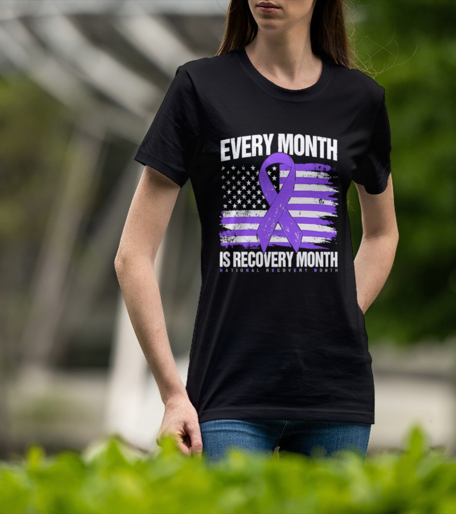 Every Month Is Recovery Month Purple Ribbon American Flag National Recovery Month T-Shirt