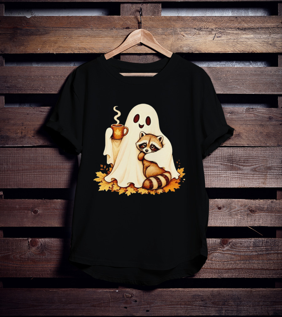 Ghost Hugging Raccoon With Coffee And Autumn Leaves T-Shirt