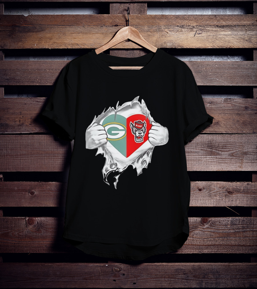 Green Bay Packers NC State Wolfpack Heart Superman Chest Rip T-Shirt