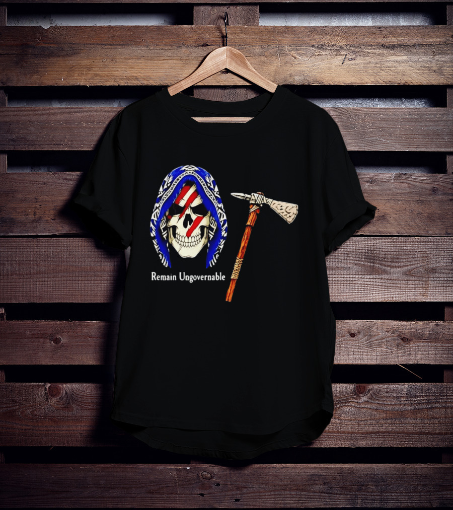 Skull With Tomahawk Remain Ungovernable Hooded Skeleton Red Marks T-Shirt