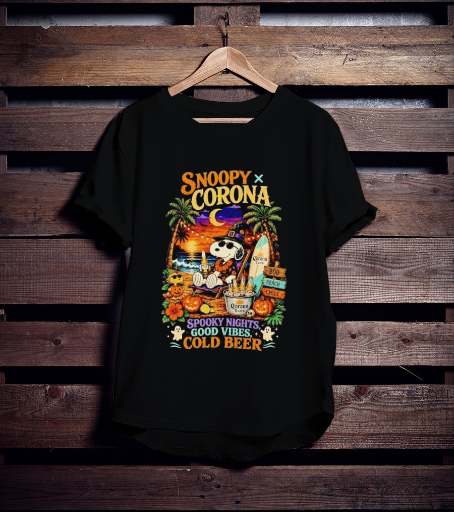 Snoopy X Corona Boo Beach Chill Spooky Nights Good Vibes Cold Beer T-Shirt