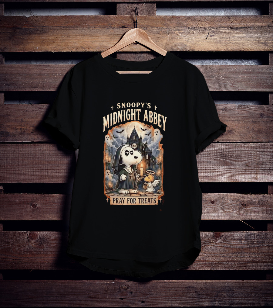 Snoopy's Midnight Abbey Pray For Treats Halloween Cathedral Scene T-Shirt