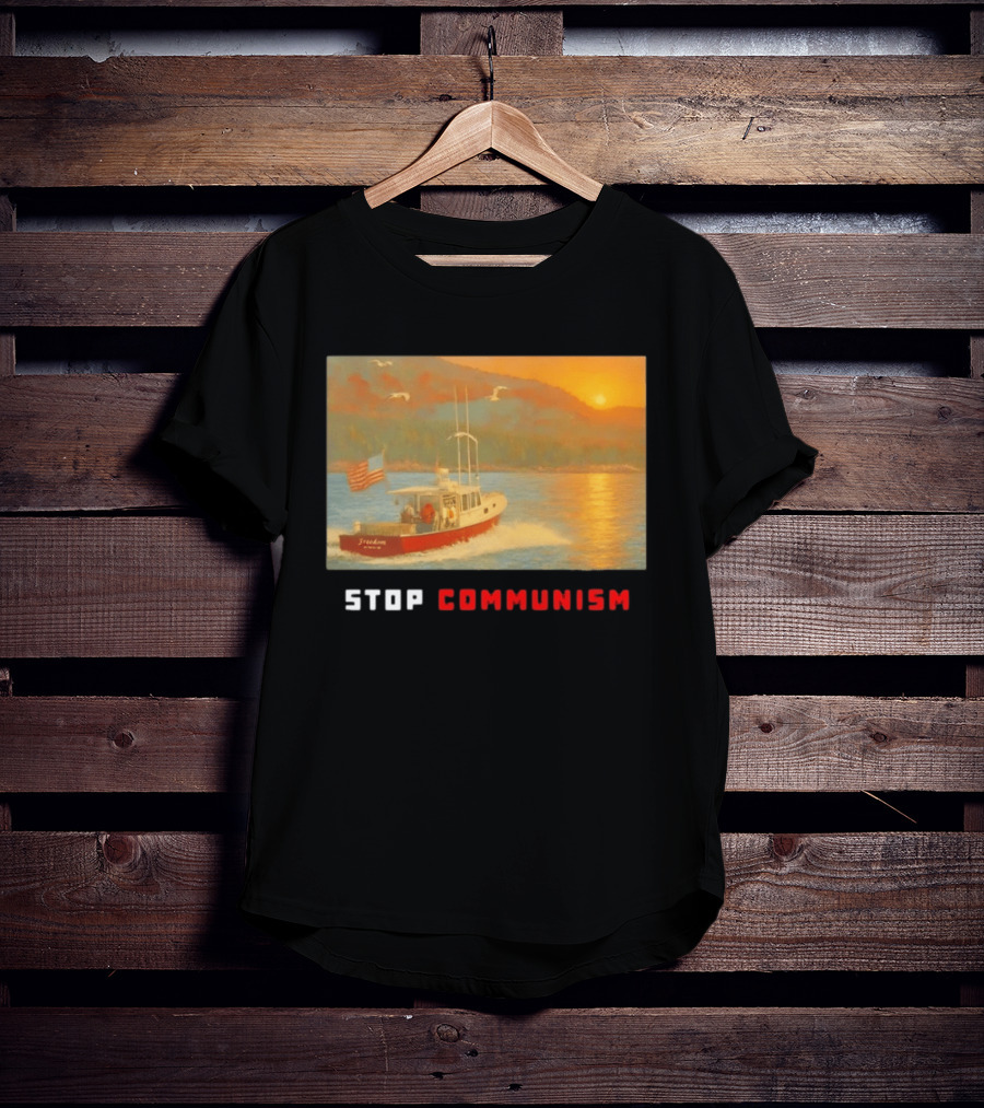 Stop Communism Freedom Boat American Flag Sunset Landscape T-Shirt