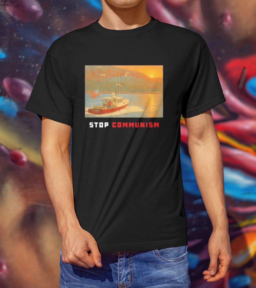 Stop Communism Freedom Boat American Flag Sunset Landscape T-Shirt