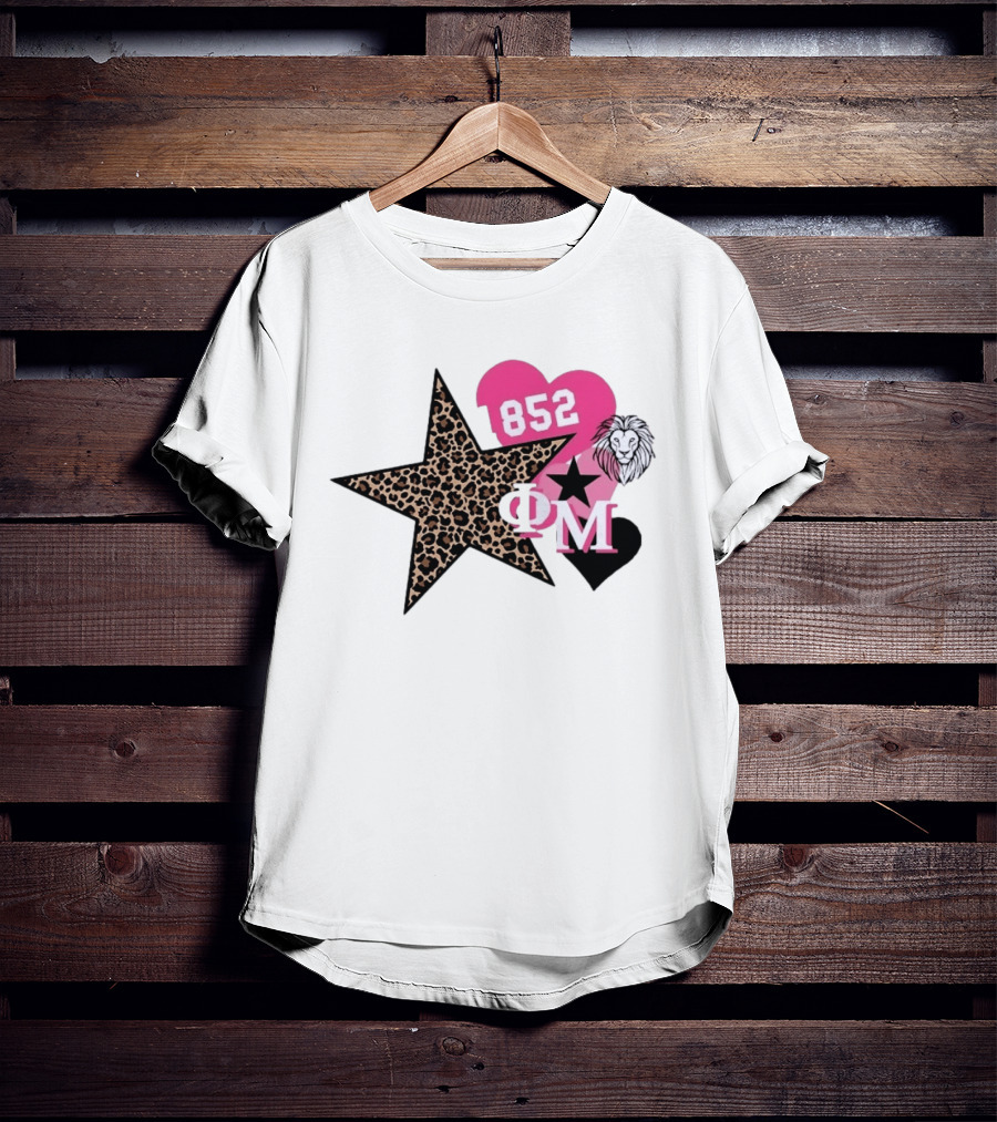 Phi Mu 1852 Leopard Star Lion 852 Pink Heart Sorority T-Shirt
