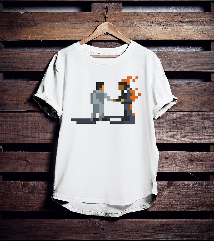Pink Floyd Wish You Were Here Pixelated Two Men Shaking Hands Flames T-Shirt