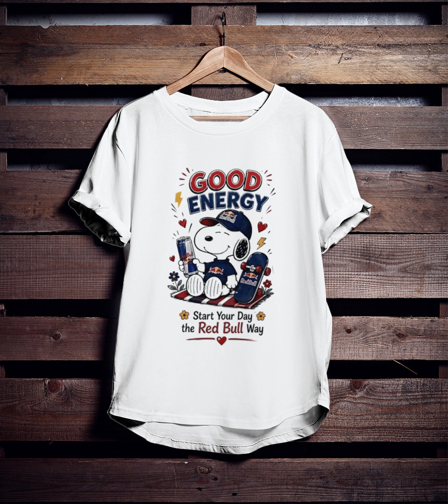 Snoopy Good Energy Start Your Day The Red Bull Way Skateboard And Drink T-Shirt