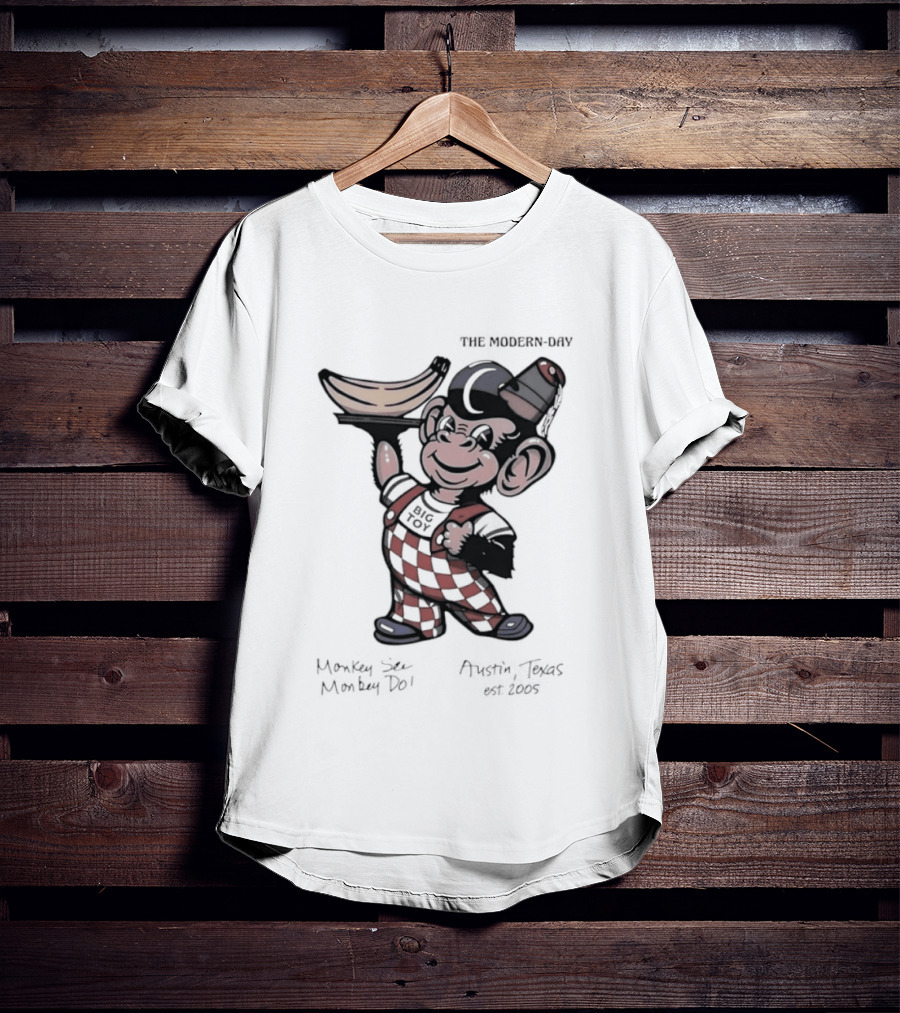 The Modern Day Big Toy Monkey See Monkey Do Austin Texas Est 2005 Vintage Cartoon T-Shirt