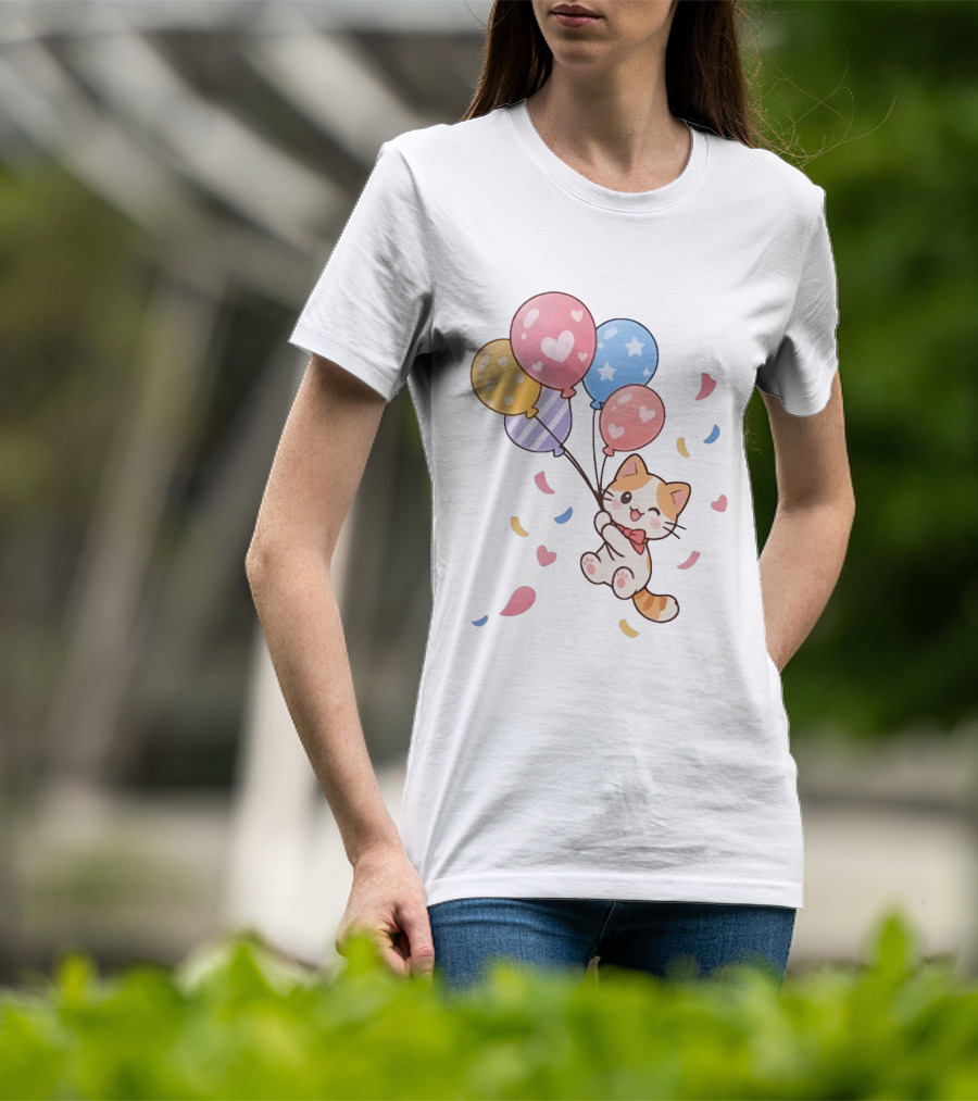 Cat Floating With Colorful Balloons T-Shirt