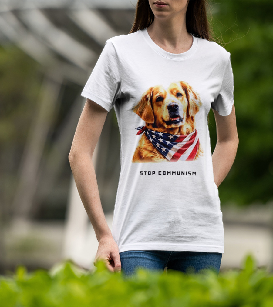 Golden Retriever Wearing American Flag Bandana Stop Communism T-Shirt