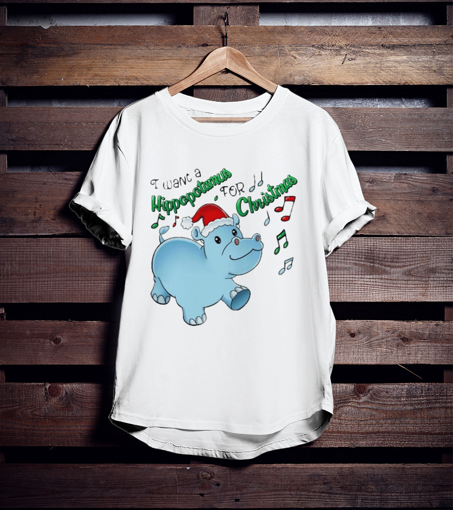 Inktastic I Want A Hippopotamus For Christmas Hippo In Santa Hat T-Shirt