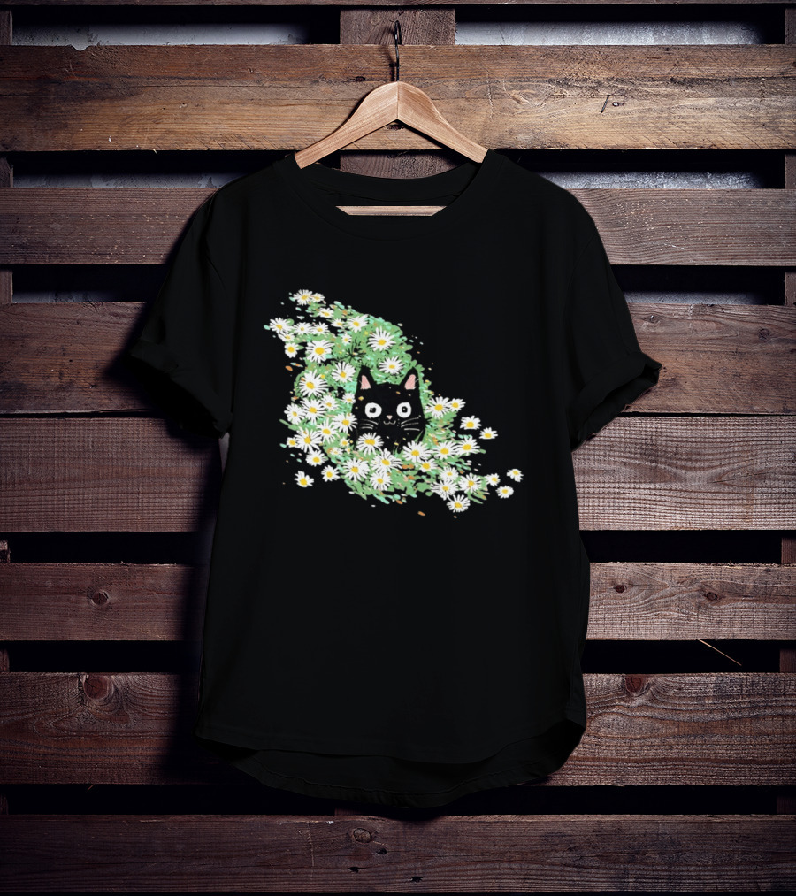 Black Cat Surrounded By Daisies In A Field T-Shirt