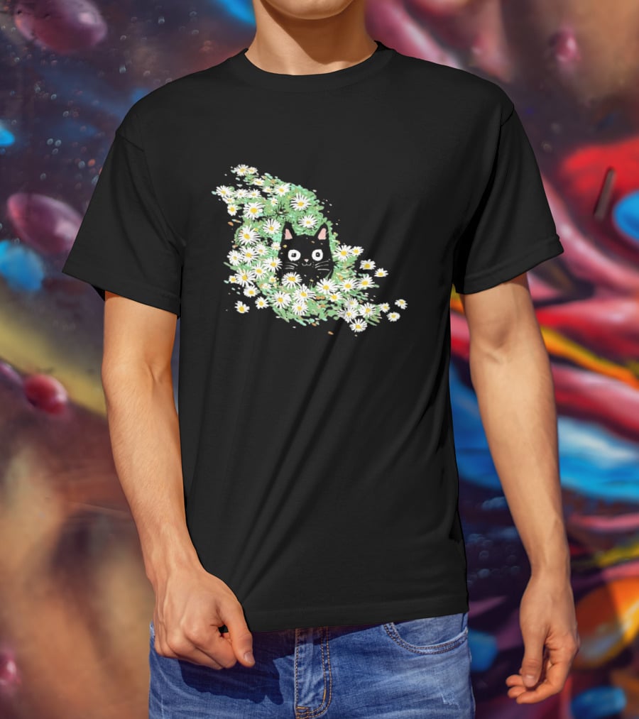 Black Cat Surrounded By Daisies In A Field T-Shirt