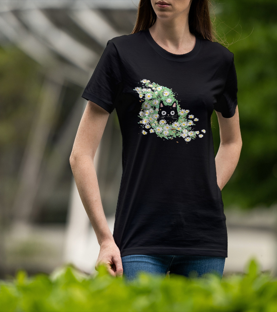 Black Cat Surrounded By Daisies In A Field T-Shirt
