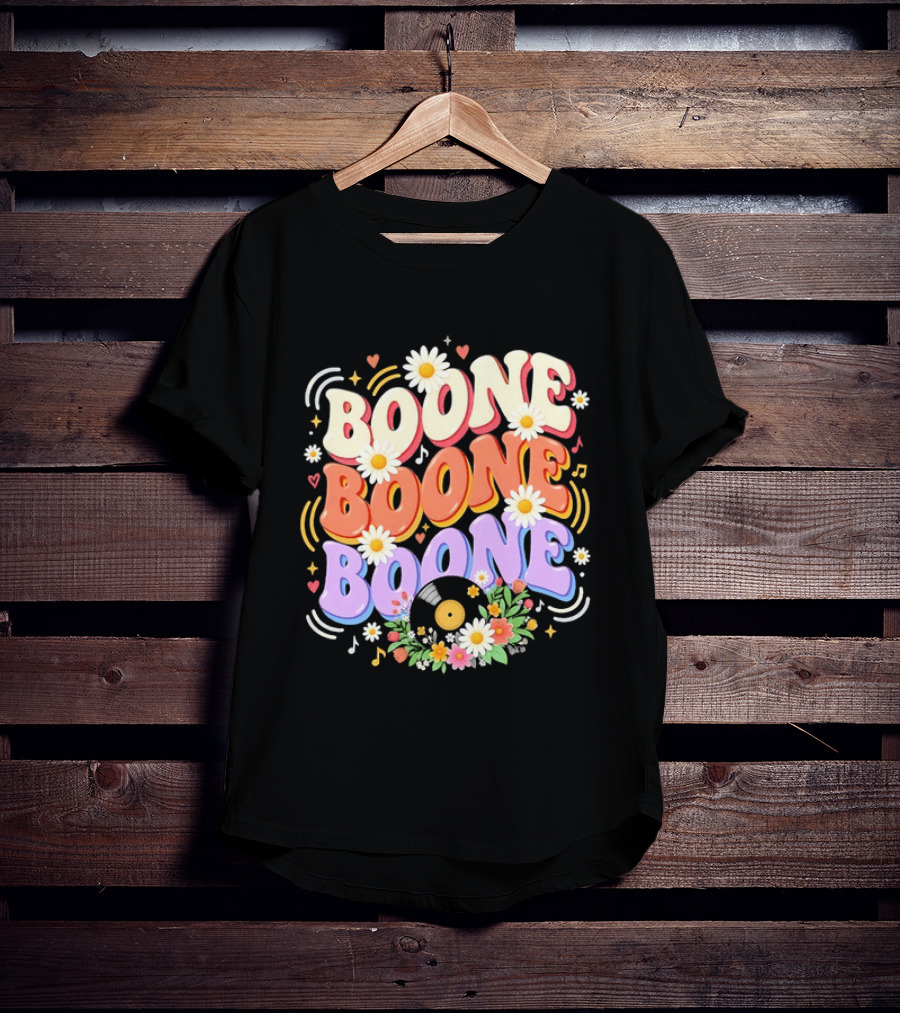 Boone Floral Vinyl Record Music Lover Colorful Daisy Notes Hearts T-Shirt