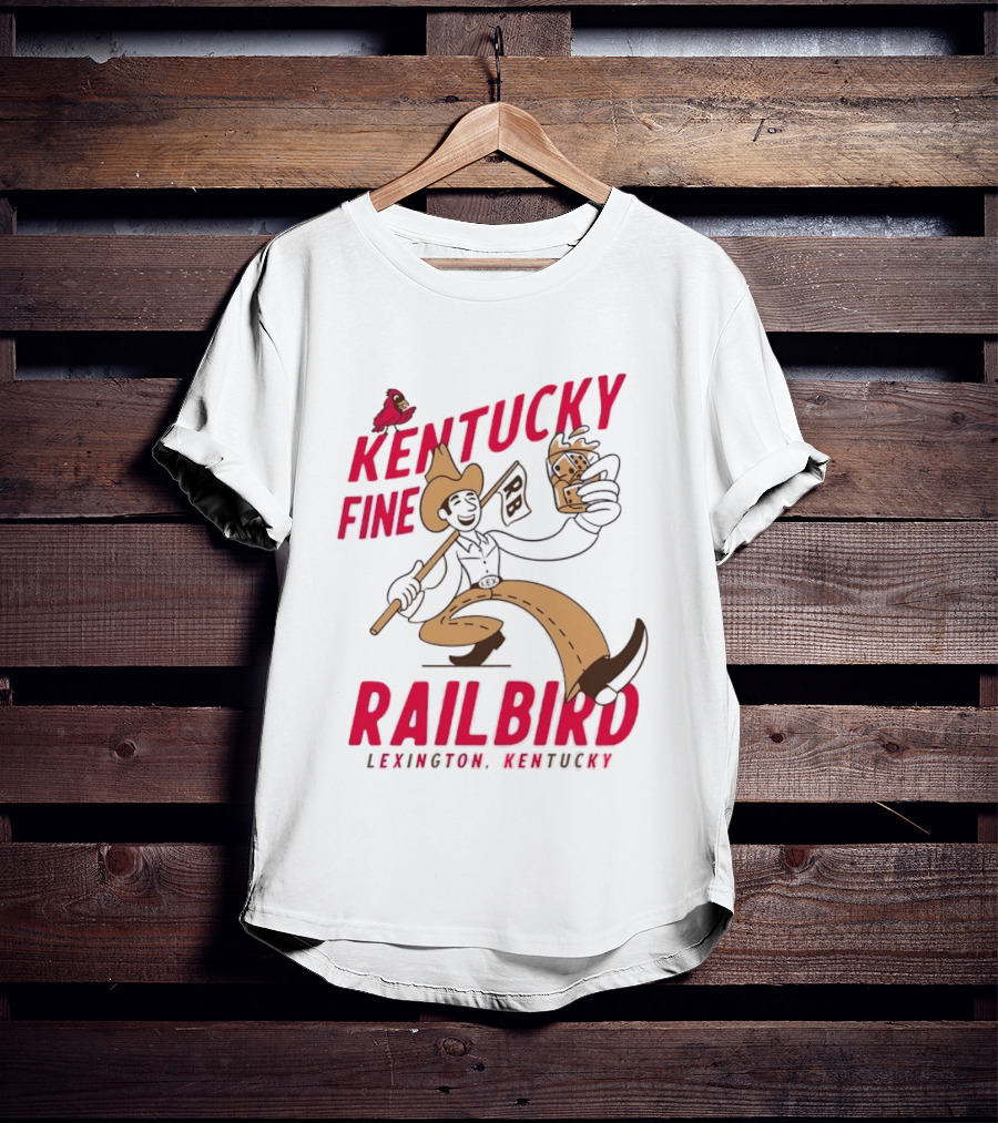 Kentucky Fine Railbird Lexington Kentucky Cowboy With Trophy And Cardinal T-Shirt