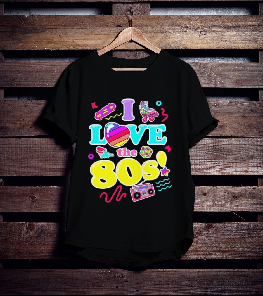 I Love The 80s Nostalgia Roller Skates Boombox Rubik's Cube Retro Fun T-Shirt