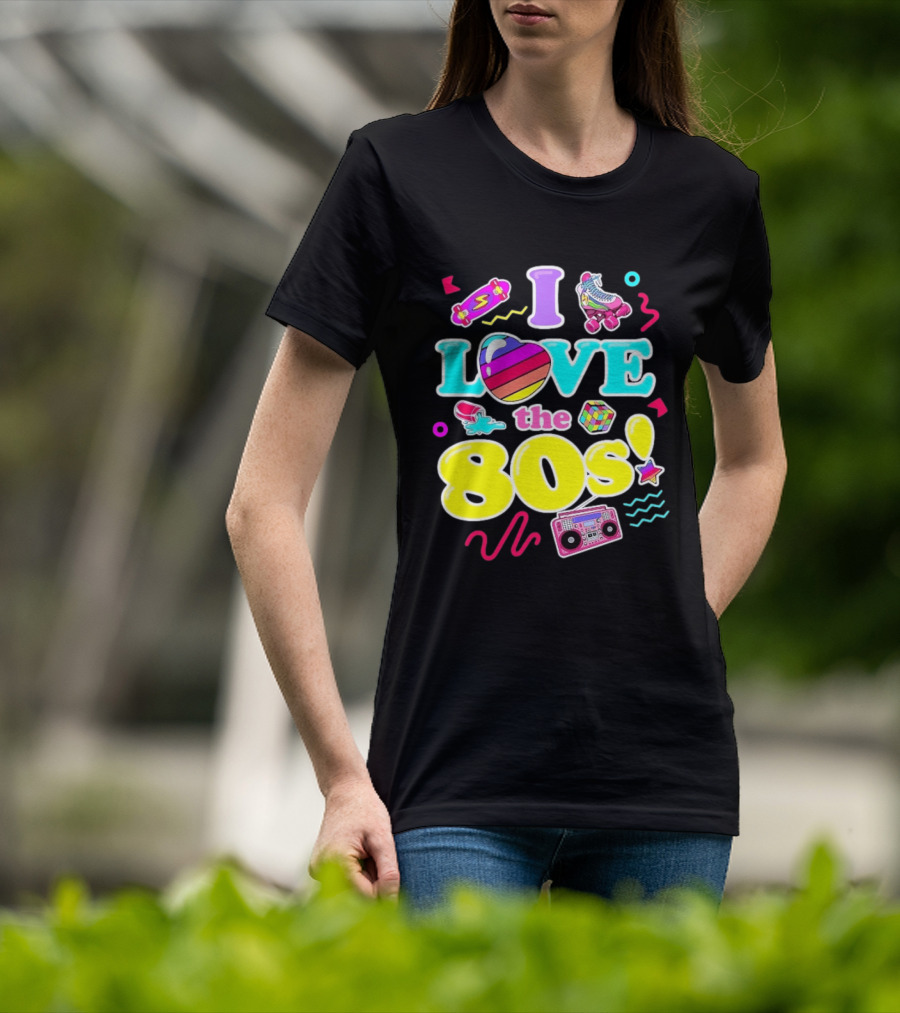I Love The 80s Nostalgia Roller Skates Boombox Rubik's Cube Retro Fun T-Shirt