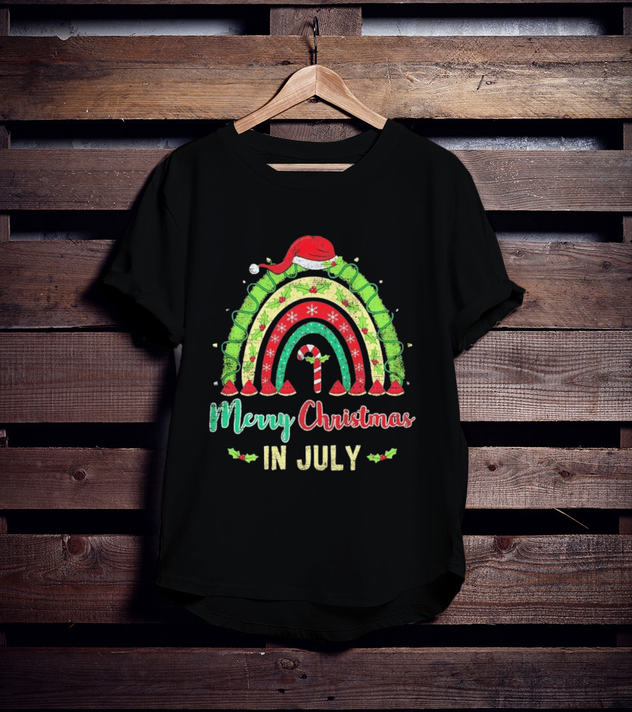 Merry Christmas In July Distressed Rainbow With Santa Hat And Candy Cane T-Shirt