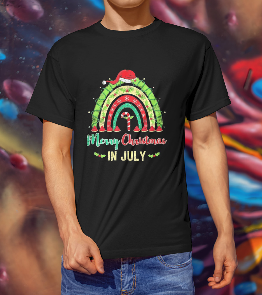 Merry Christmas In July Distressed Rainbow With Santa Hat And Candy Cane T-Shirt