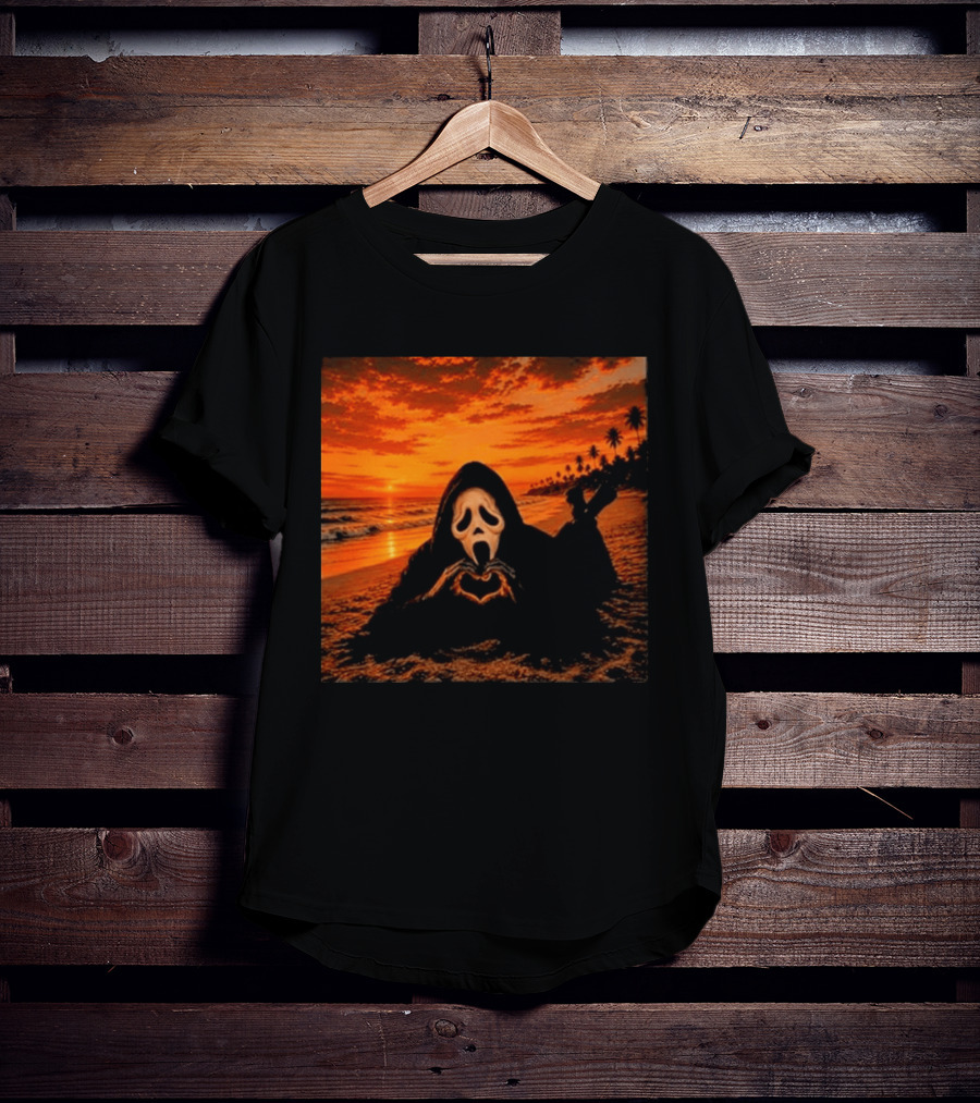 Ghostface Heart Hands Beach Sunset Halloween 2026 T-Shirt
