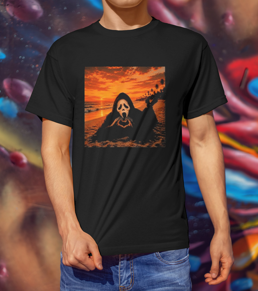 Ghostface Heart Hands Beach Sunset Halloween 2026 T-Shirt
