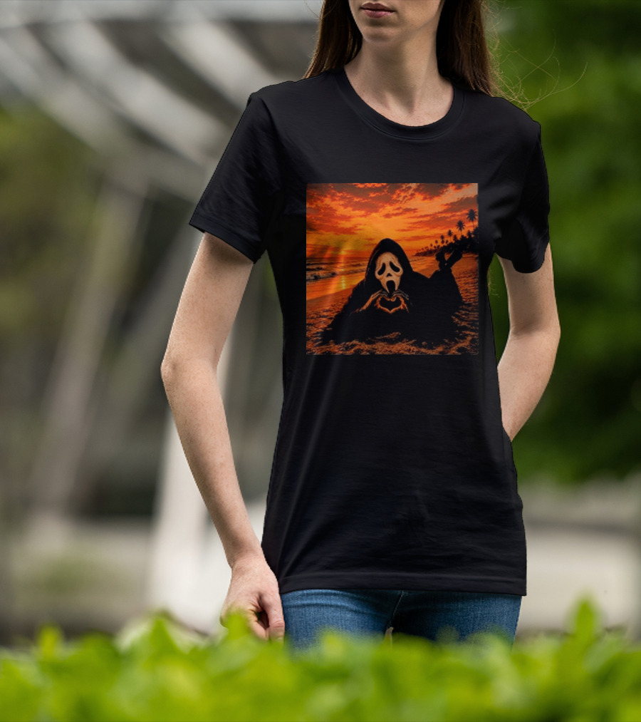 Ghostface Heart Hands Beach Sunset Halloween 2026 T-Shirt