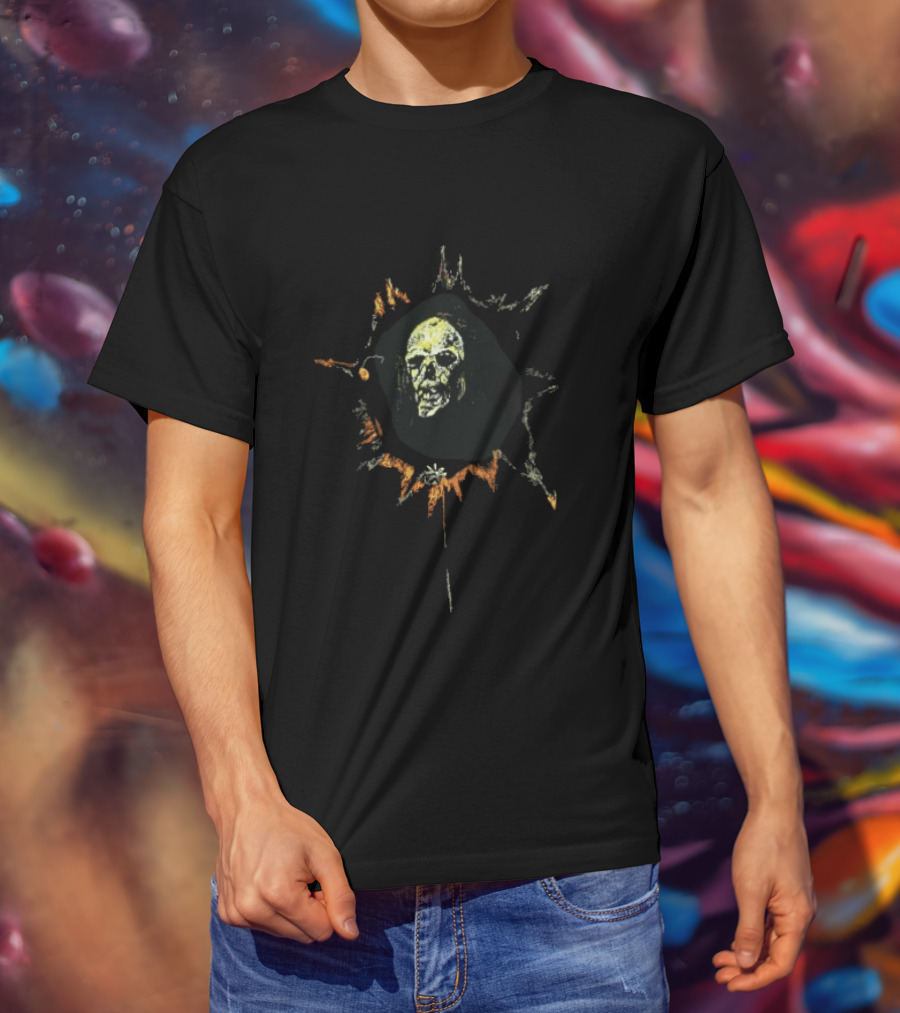 Yellow Spiky Sunburst Frame Hooded Skull Face Distressed Sketch T-Shirt