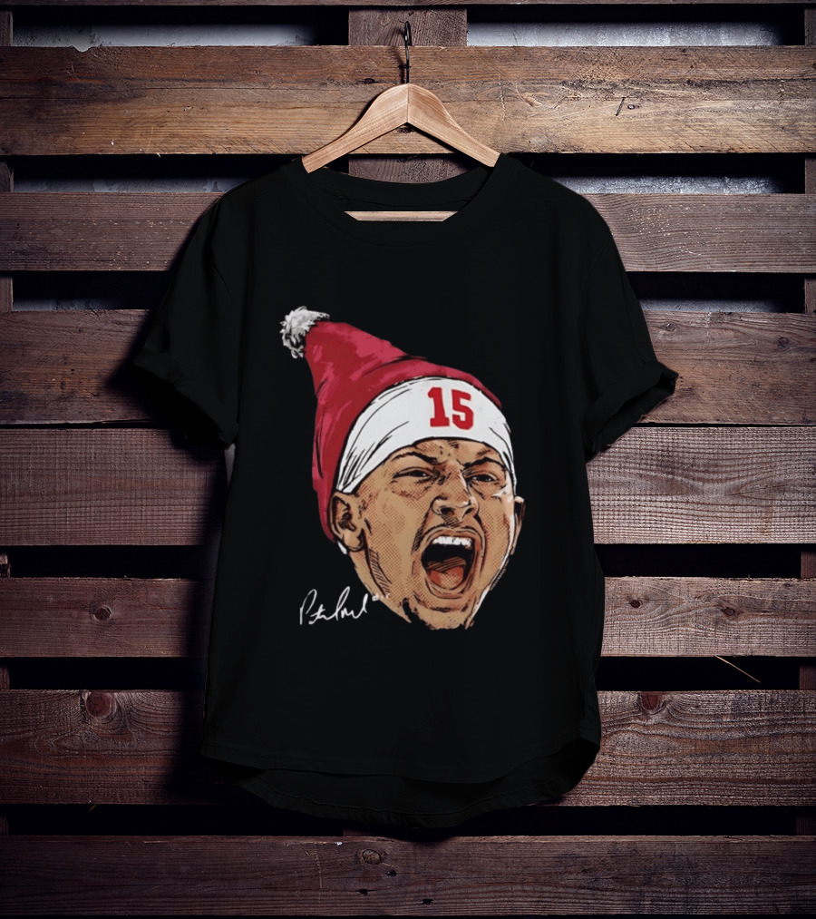 Pat Mahomes Screaming Face Red Santa Hat Number 15 Halftone Caricature T-Shirt