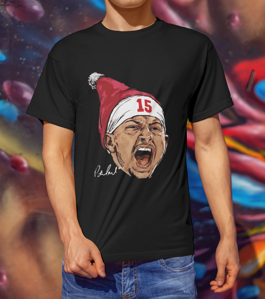 Pat Mahomes Screaming Face Red Santa Hat Number 15 Halftone Caricature T-Shirt