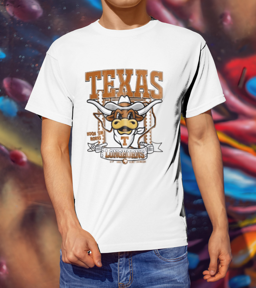 Texas Longhorns Hook Em Horns Game Changers Est 1883 State Map Cartoon T-Shirt