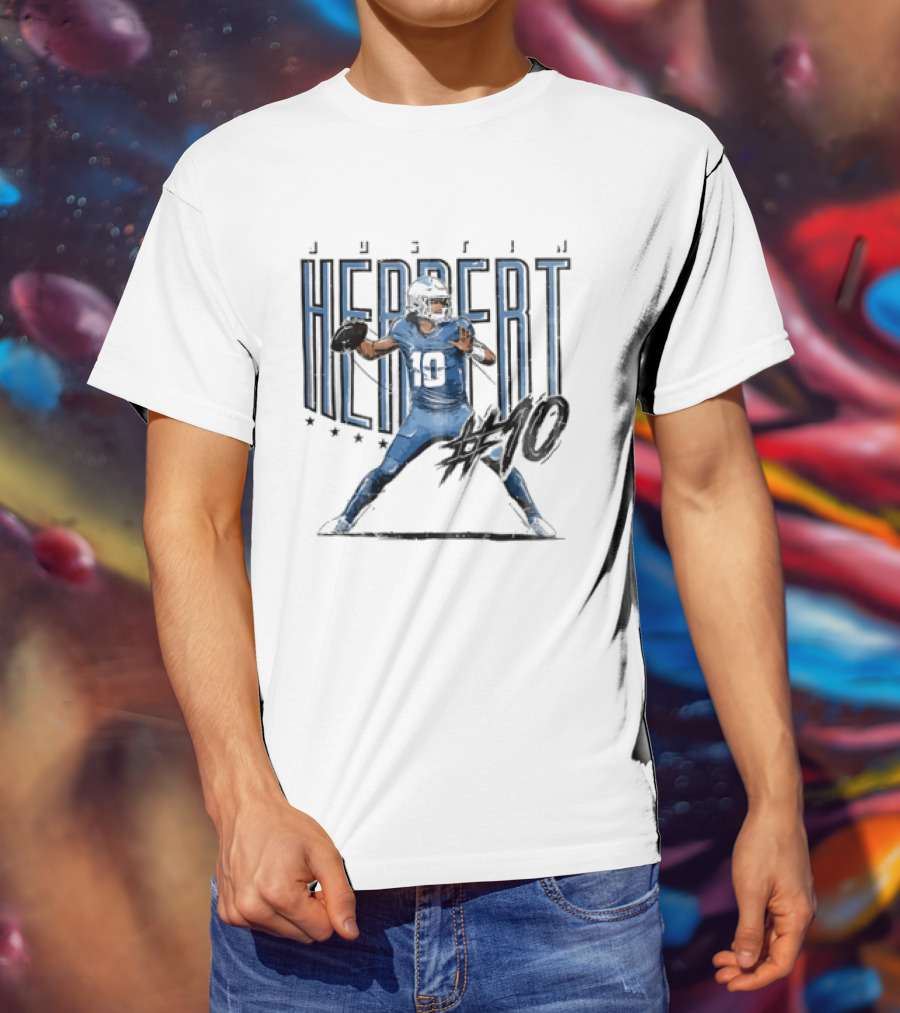 Justin Herbert 10 Quarterback Football Stars Distressed Sketch T-Shirt