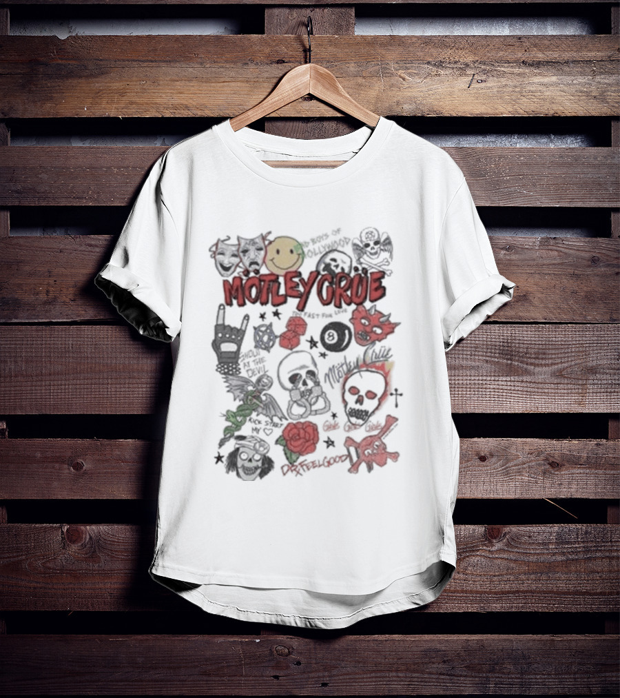 Motley Crue Album Doodle Collage Smiley Skull Roses Punk Rock T-Shirt