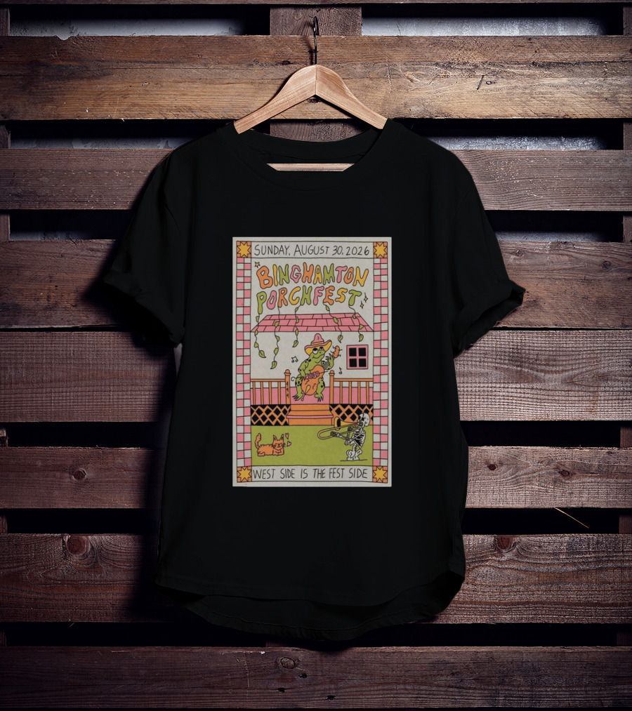 Binghamton Porchfest August 30 2026 West Side Is The Fest Side Sunday Concert Frog And Skeleton Player T-Shirt