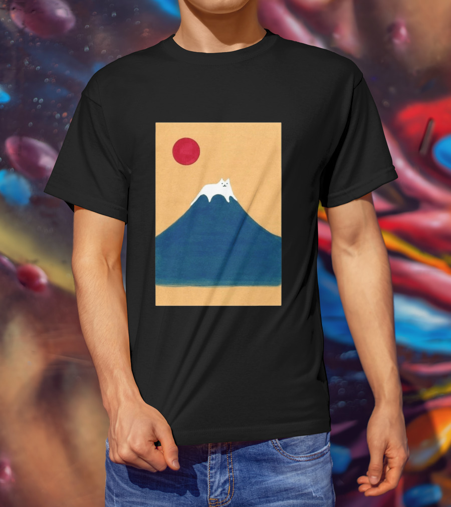Meow Fuji Cat With Red Sun Illustration Japan T-Shirt