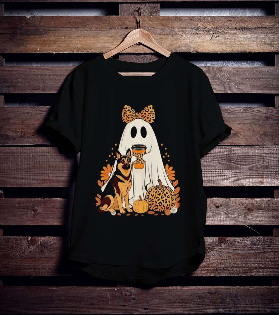 German Shepherd Ghost Leopard Pumpkin Coffee Halloween Bow T-Shirt