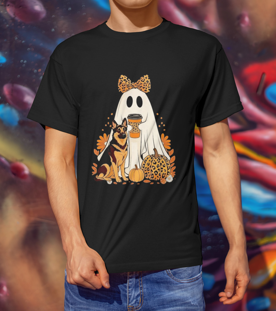 German Shepherd Ghost Leopard Pumpkin Coffee Halloween Bow T-Shirt