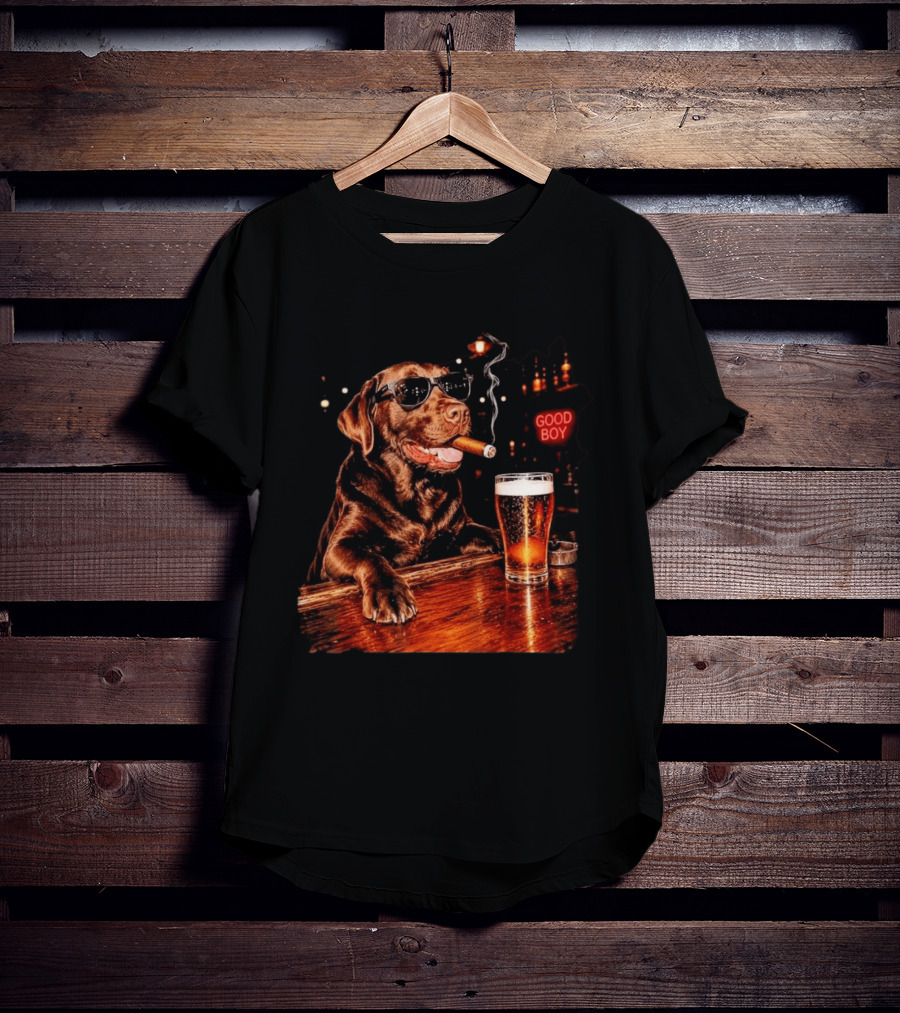 Silly Chocolate Labrador Retriever Drinking Beer Cigar Dog Good Boy Bar Night T-Shirt