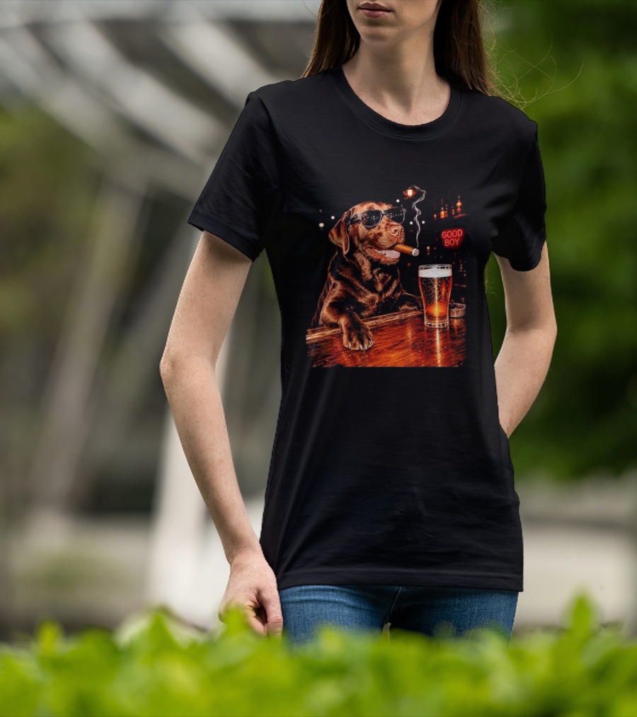 Silly Chocolate Labrador Retriever Drinking Beer Cigar Dog Good Boy Bar Night T-Shirt