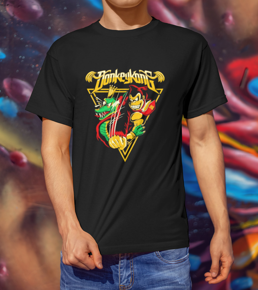 Donkey Kong Cartoon Retro Style Triangular Battle Scene T-Shirt