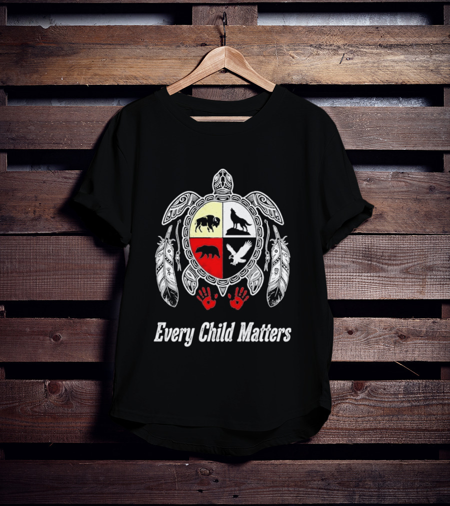 Every Child Matters Native American Turtle Medicine Wheel Feathers And Red Handprints T-Shirt