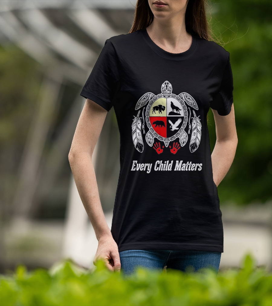 Every Child Matters Native American Turtle Medicine Wheel Feathers And Red Handprints T-Shirt