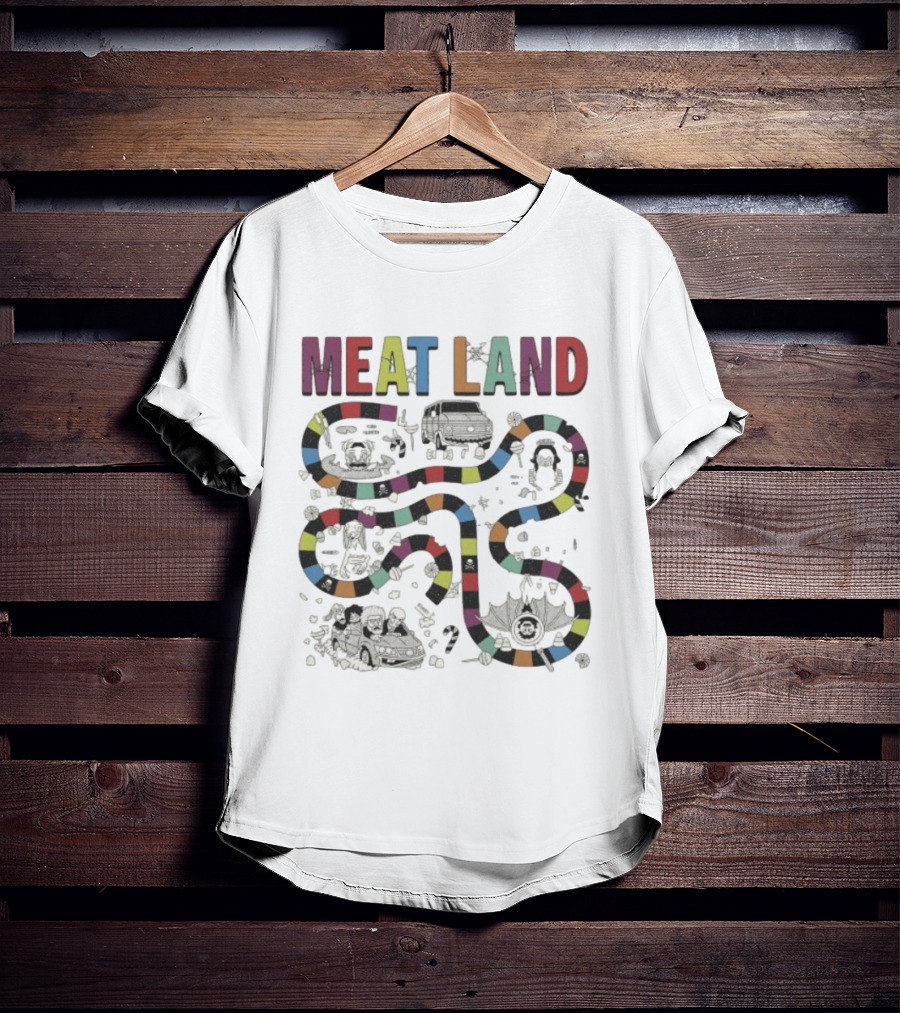 Meatcanyon Store Meat Land Off White Board Game Path Characters T-Shirt