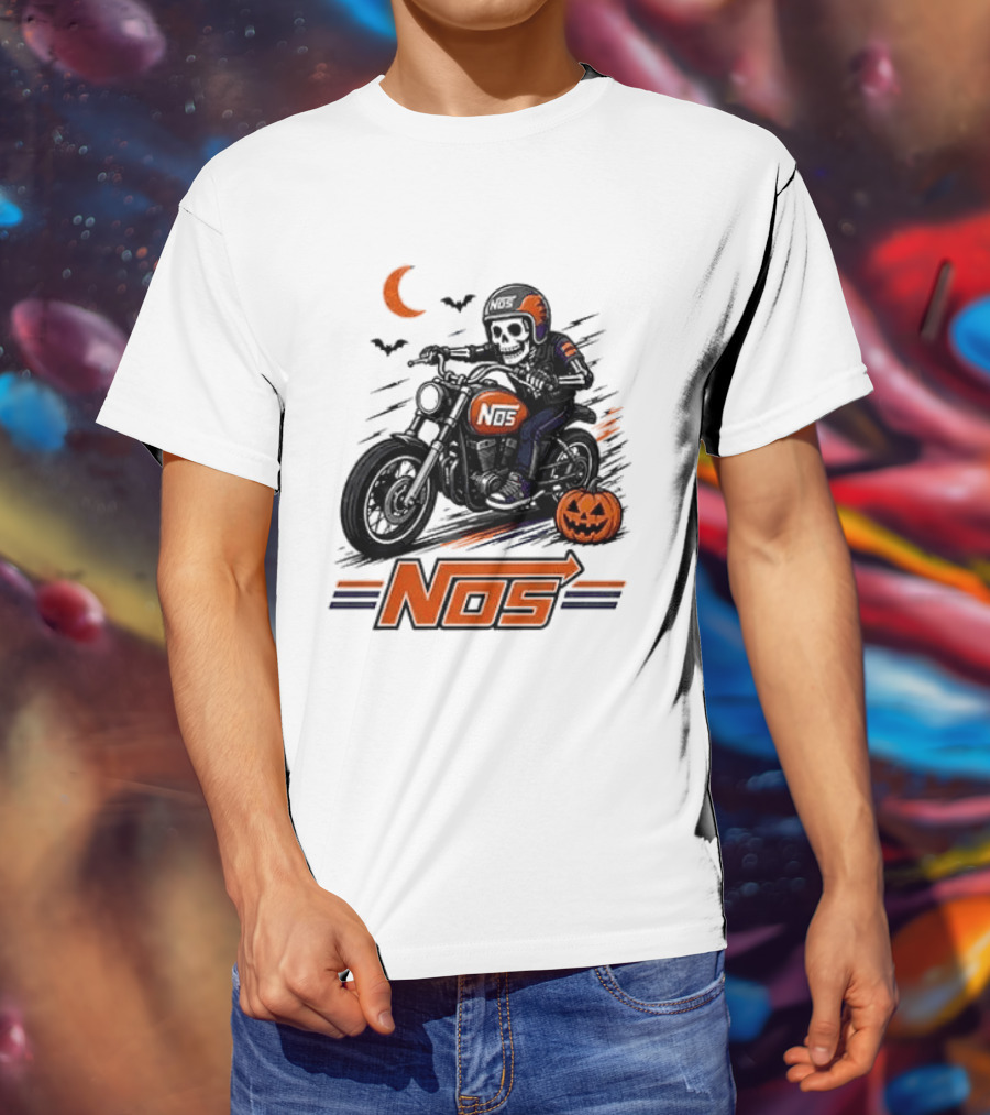 NOS Skeleton Biker Halloween Pumpkin Moon Bats T-Shirt